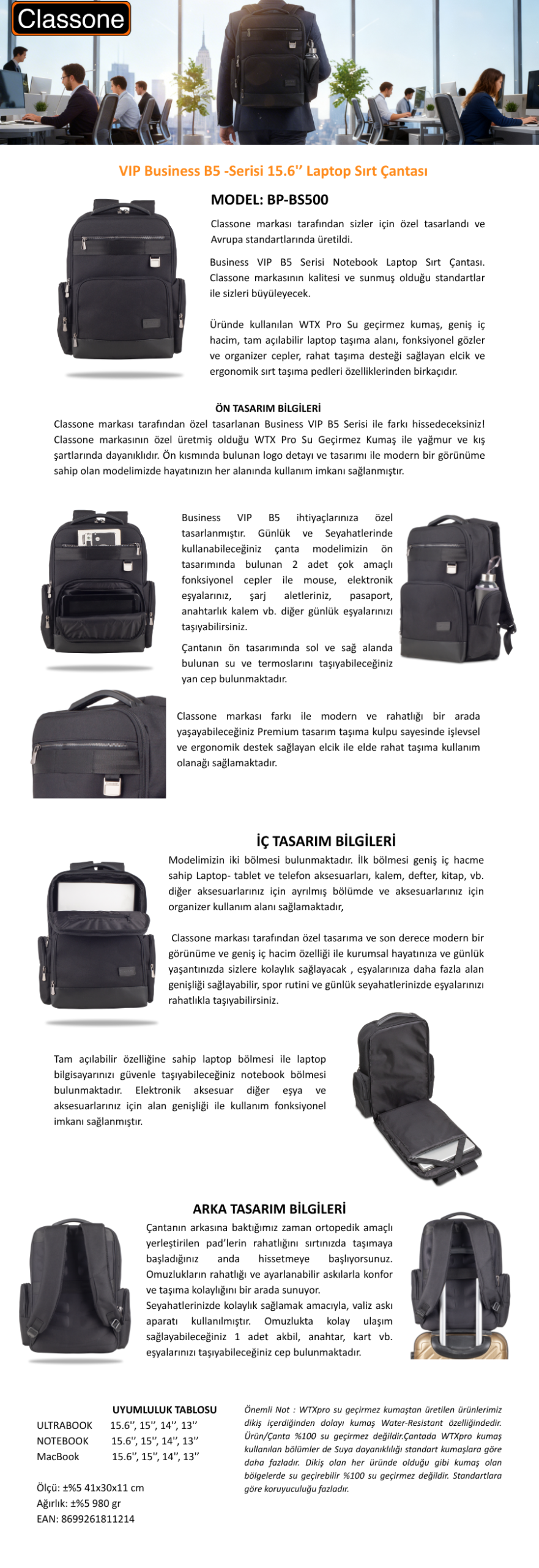 Classone BP-BS500 Business VIP B5 -Serisi 15.6 inch Uyumlu WTX Pro Su Geçirmez Kumaş Laptop Sırt Çantası -Siyah