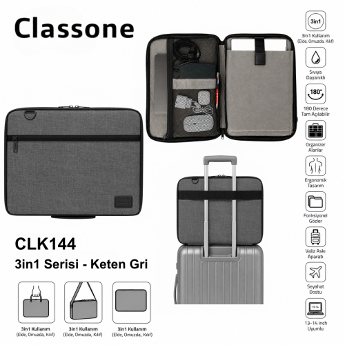 Classone 3in1 Serisi CLK144 13,14 inch Uyumlu Tablet, Laptop El ve Omuz Çantası – Keten Gri