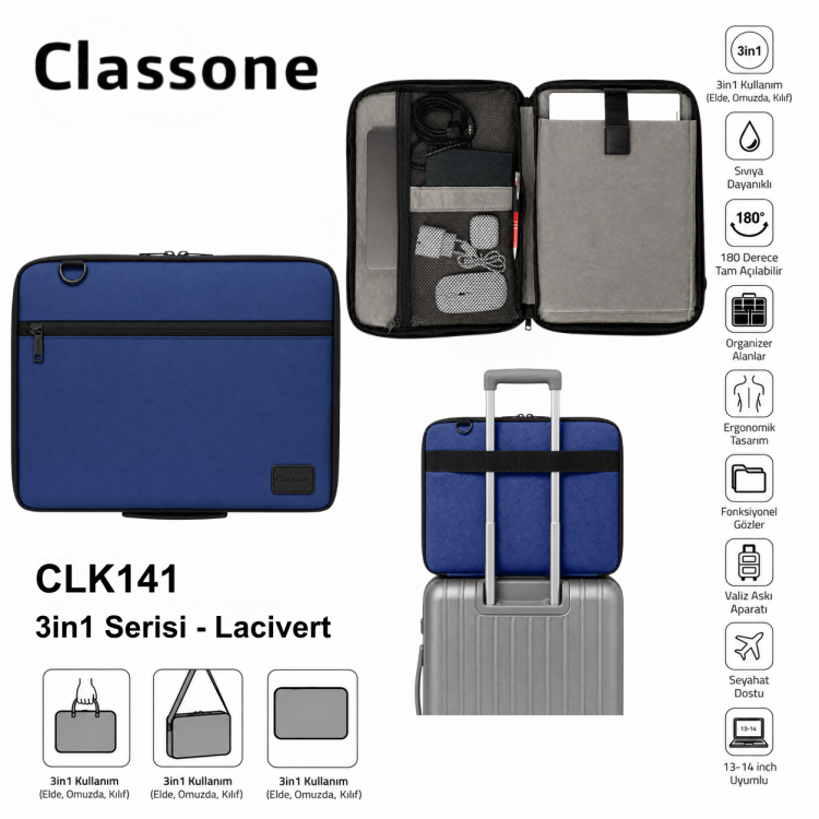 Classone 3in1 Serisi CLK141 13,14 inch Uyumlu Tablet, Laptop El ve Omuz Çantası – Lacivert