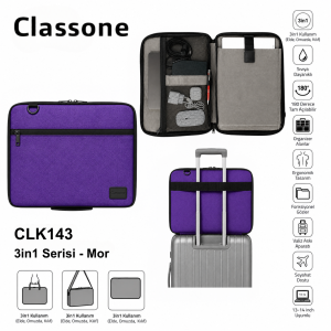 Classone 3in1 Serisi CLK143 13,14 inch Uyumlu Tablet, Laptop El ve Omuz Çantası – Mor