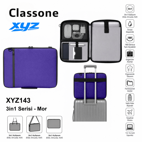 Classone XYZ 3in1 Serisi XYZ143 13,14 inch Uyumlu Tablet, Laptop El ve Omuz Çantası - Mor