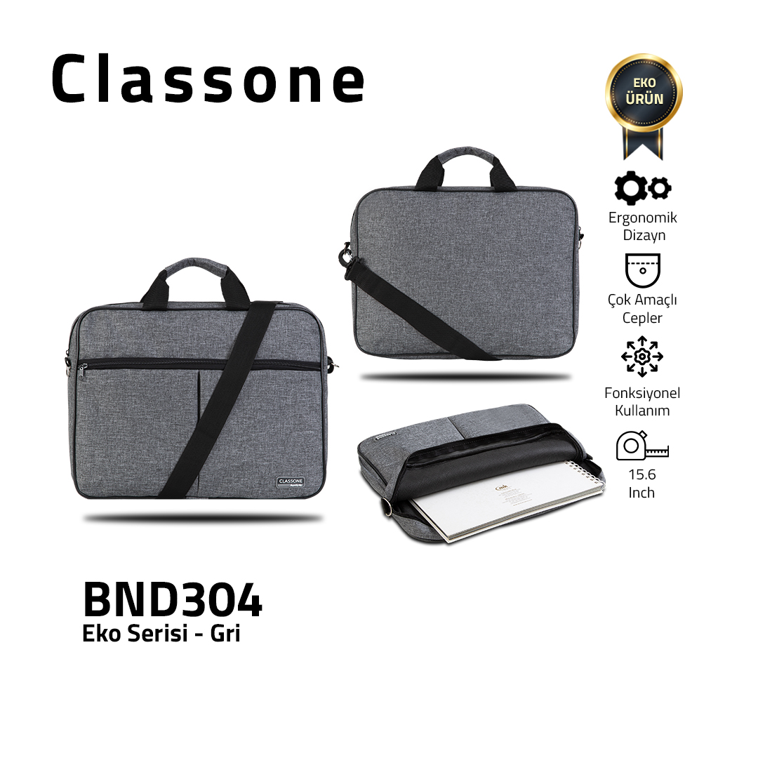 Classone BND304 Eko2 Serisi Laptop Notebook Çantası-15.6 inch Uyumlu-Gri