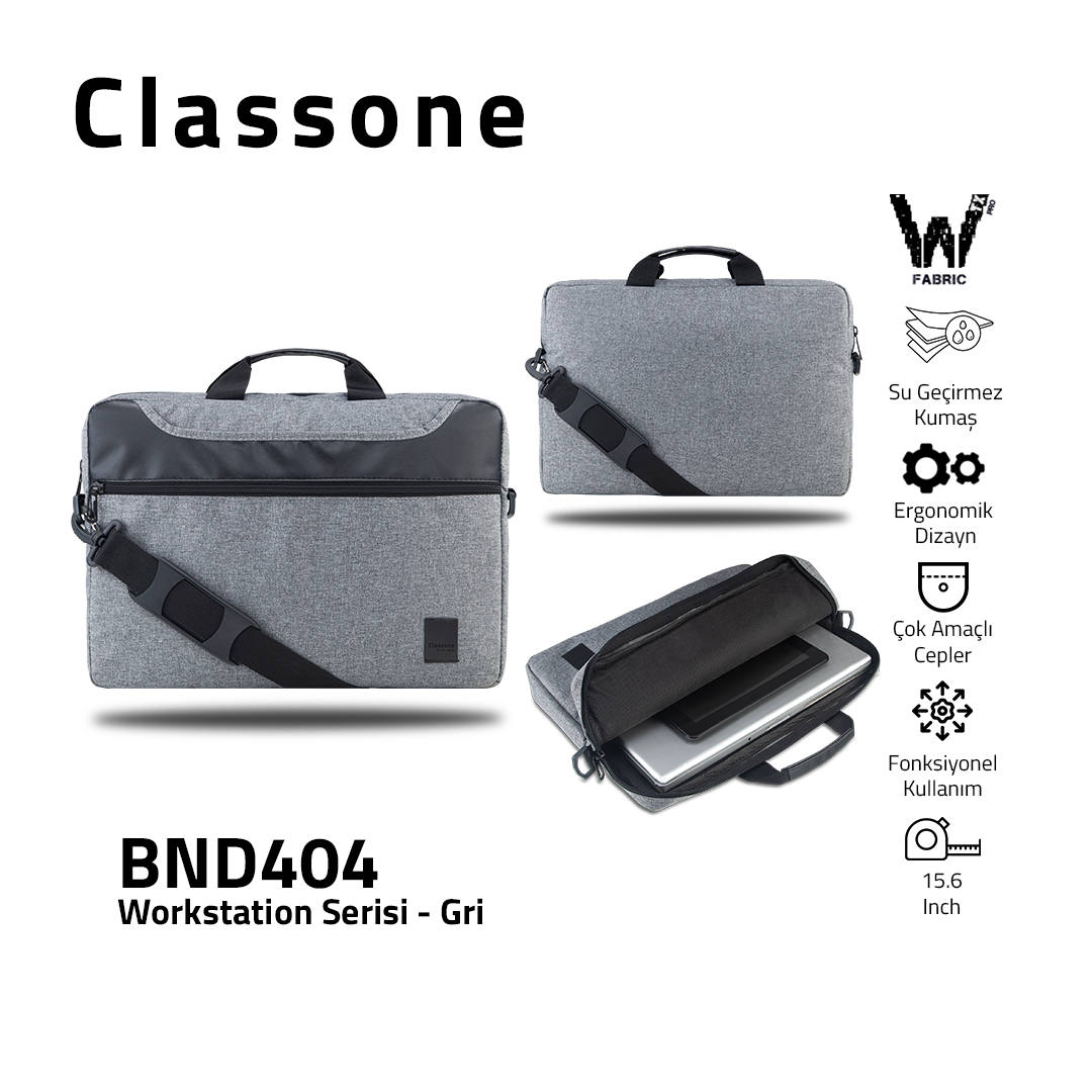 Classone WorkStation1 Serisi BND404 WTXpro Su Geçirmez Kumaş 15.6 " Laptop Çantası-Gri
