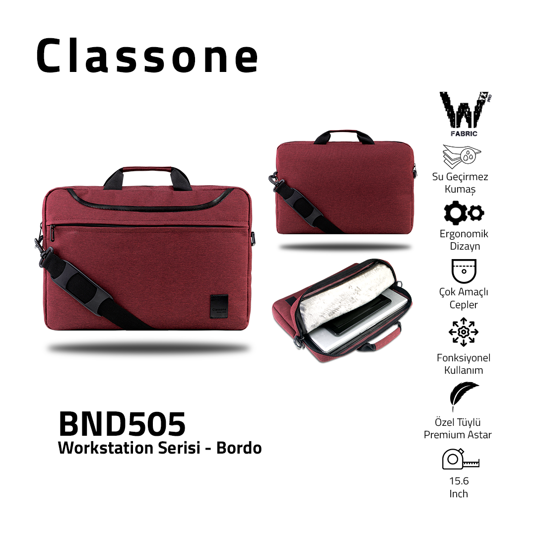 Classone WorkStation2 Serisi BND505 WTXpro Su Geçirmez Kumaş 15.6 " Laptop Çantası-Bordo