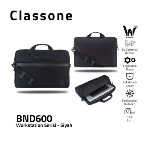 Classone WorkStation3 Serisi BND600 WTXpro Su Geçirmez Kumaş 15.6 ” Laptop Çantası-Siyah