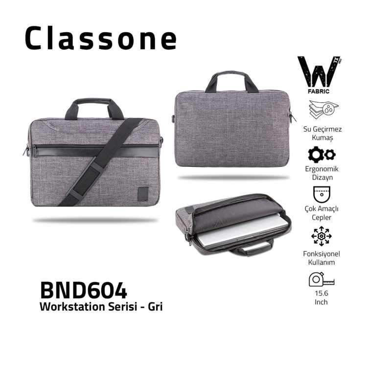Classone WorkStation3 Serisi BND604 WTXpro Su Geçirmez Kumaş 15.6 ” Laptop Çantası-Gri