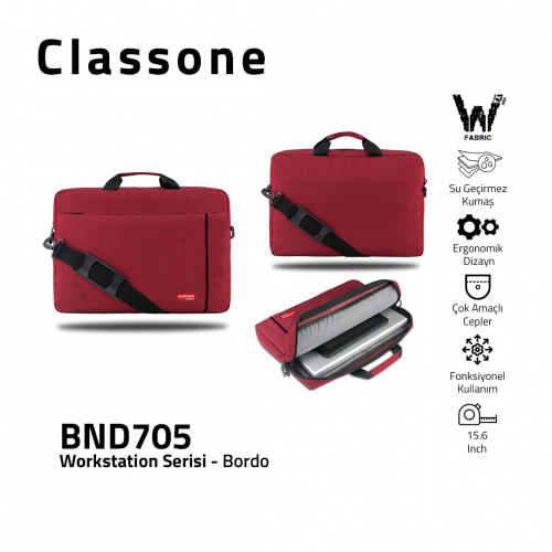 Classone BND705 WorkStation4 Serisi WTXpro Su Geçirmez Kumaş 15.6 inch Laptop, Notebook Çantası-Bordo