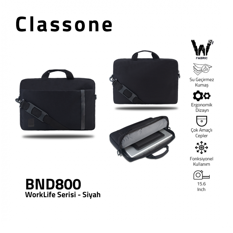Classone BND800 WTXpro Su Geçirmez Kumaş WorkLife 15.6 inch Laptop, Notebook Çantası-Siyah