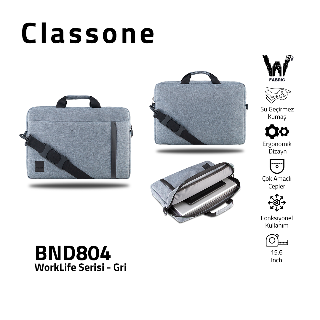 Classone BND804 WTXpro Su Geçirmez Kumaş  WorkLife 15.6 inch Laptop, Notebook Çantası -Gri