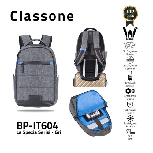 Classone La Spezia Serisi BP-IT604 15.6 inch WTXpro Su Geçirmez kumaş, Su Geçirmez Fermuar, Laptop Sırt Çantası –Gri