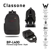 Classone BP-L400 Floransa Large Serisi, WTXpro Su Geçirmez Kumaş, Su Geçirmez Fermuar, 15.6 inch UyumluNotebook Sırt Çantası - Siyah