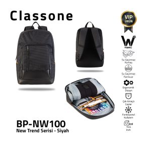 Classone New trend Serisi BP-NW100 15.6 inch WTXpro Su Geçirmez Kumaş, Su Geçirmez Fermuar  Laptop Sırt Çantası - Siyah