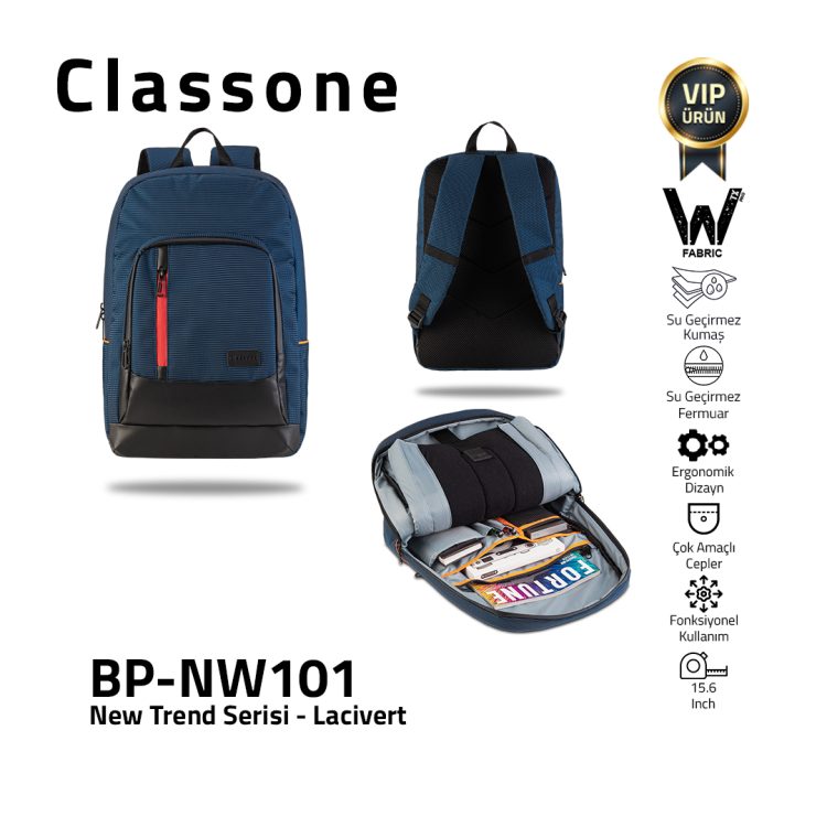 Classone New trend Serisi BP-NW101 15.6 inch WTXpro Su Geçirmez Kumaş, Su Geçirmez Fermuar Laptop Sırt Çantası – Lacivert