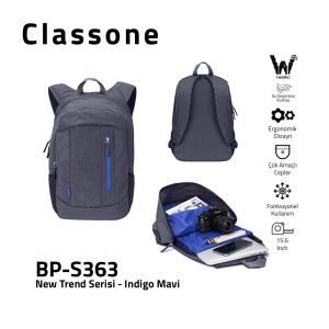 Classone BP-S363 WTXpro Su Geçirmez Kumaş New Trend Sırt 15,6 inch Çantası - Mavi