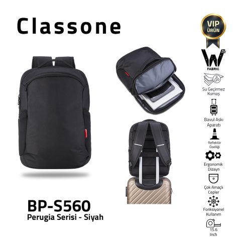 Classone Perugia  Serisi BP-S560 WTXpro Su Geçirmez Kumaş 15.6 inch WTXpro Notebook Sırt Çantası –Siyah