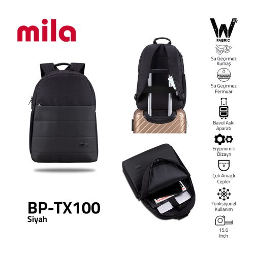 Mila BP-TX100 Serisi 15,6 inch , Su Geçirmez Kumaş ve Su Geçirmez fermuar Notebook, Laptop , Macbook  Sırt Çantası -Siyah