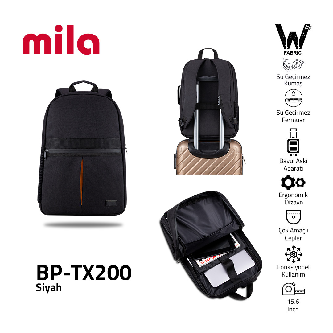Mila BP-TX200 Como Serisi Su Geçirmez Kumaş ve Su Geçirmez Fermuar Notebook Sırt Çantası-Siyah