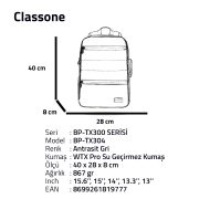 Classone  BP-TX304 Combo Serisi 15,6 inch , Su Geçirmez Kumaş ve Su Geçirmez fermuar Notebook, Laptop , Macbook  Sırt Çantası -Antrasit Gri