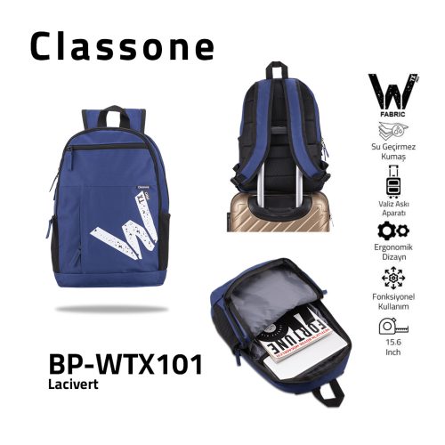 Classone BP-WTX101 WTXpro Serisi15.6 inch Macbook, Notebook, Laptop, Çantası-Lacivert