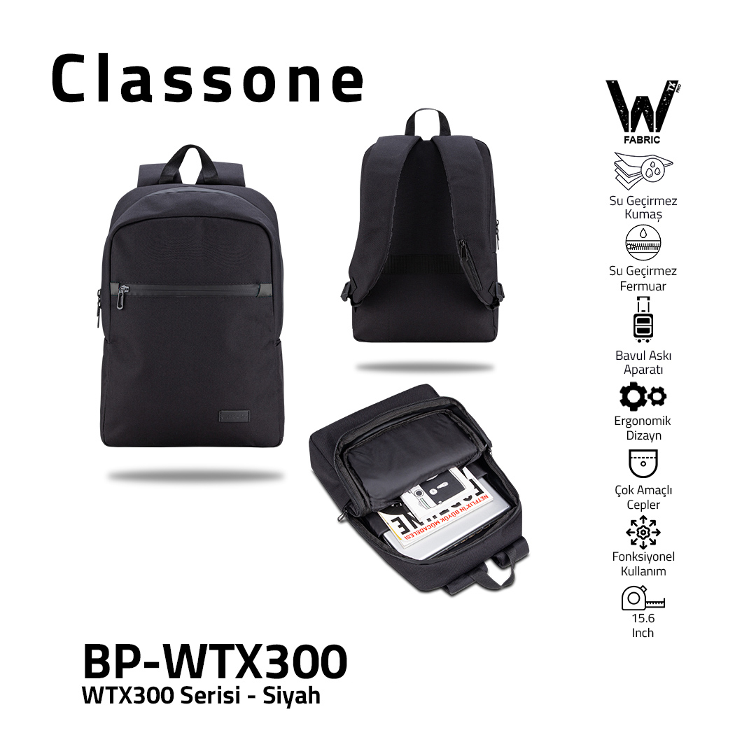 Classone WTX300 Pro 15.6 inch, Su Geçirmez Kumaş ve Su Geçirmez fermuar Notebook, Laptop, Macbook  Sırt Çantası -Siyah