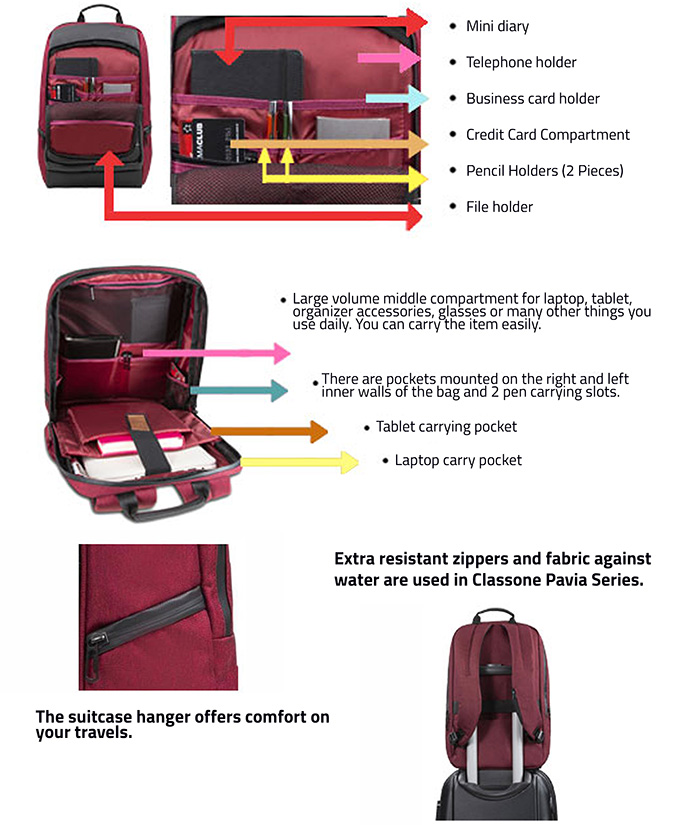 Classone BP-IT705 Pavia  WTXpro Waterproof Fabric 15.6 ″ Laptop, Notebook Backpack - Claret Red