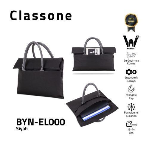 Classone BYN-EL000 WTXPro Su Geçirmez Kumaş 13-14 inch Bayan Laptop El Çantası- Tote Bag - Siyah