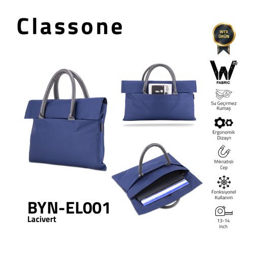 Classone BYN-EL001 WTXPro Su Geçirmez Kumaş 13-14 inch Bayan Laptop El Çantası- Tote Bag - Lacivert