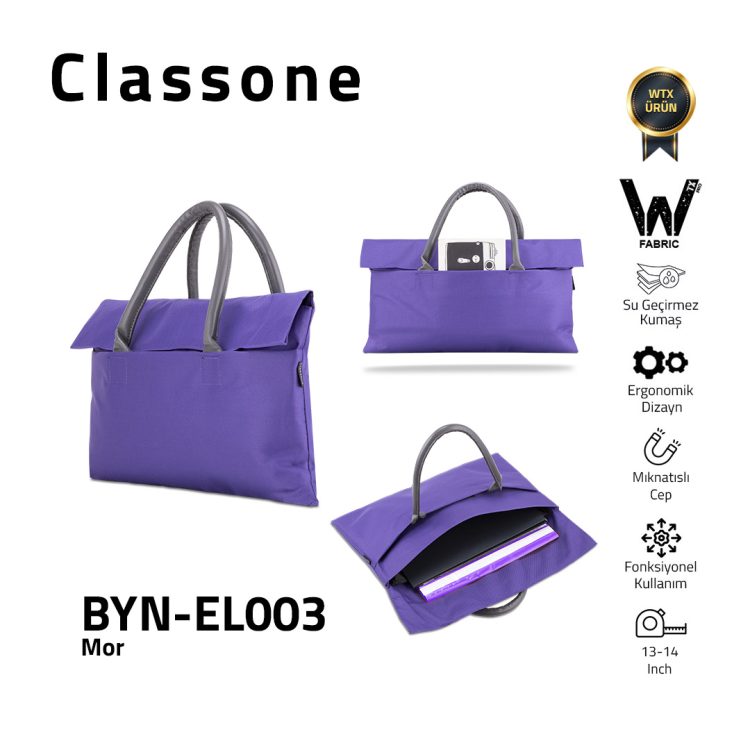 Classone BYN-EL003 WTXPro Su Geçirmez Kumaş 13-14 inch Bayan Laptop El Çantası- Tote Bag - Mor