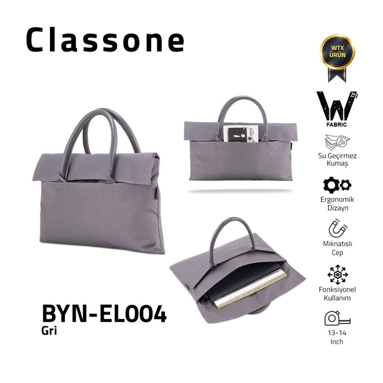 Classone BYN-EL004 WTXPro Su Geçirmez Kumaş 13-14 inch Bayan Laptop El Çantası- Tote Bag - Gri