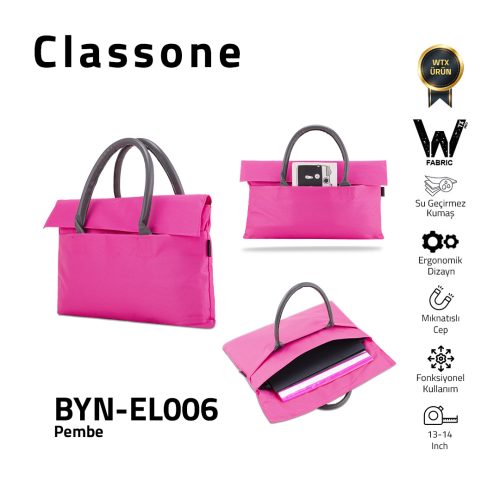 Classone BYN-EL006 WTXPro Su Geçirmez Kumaş 13-14 inch Bayan Laptop El Çantası- Tote Bag- Pembe