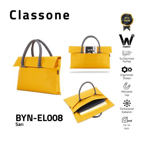 Classone BYN-EL008 WTXPro Su Geçirmez Kumaş 13-14 inch Bayan Laptop El Çantası- Tote Bag - Sarı