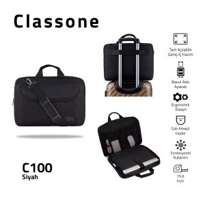 Classone C100 15,6 Zoll WTX Pro Laptop-/Notebooktasche aus wasserdichtem Stoff mit vollständiger Öffnung – Schwarz