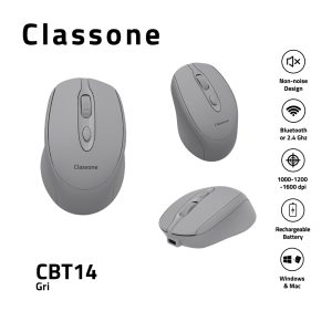 Classone CBT14 Bluetooth + 2,4 GHz wiederaufladbare kabellose Maus – Grau