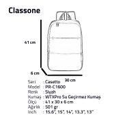 Classone PR-C1600 WTXpro Su Geçirmez Kumaş Casetto Serisi 15.6 Notebook Sırt Çantası-Siyah