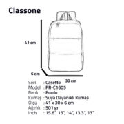 Classone PR-C1605 Casetto Serisi 15.6 Notebook Sırt Çantası-Bordo