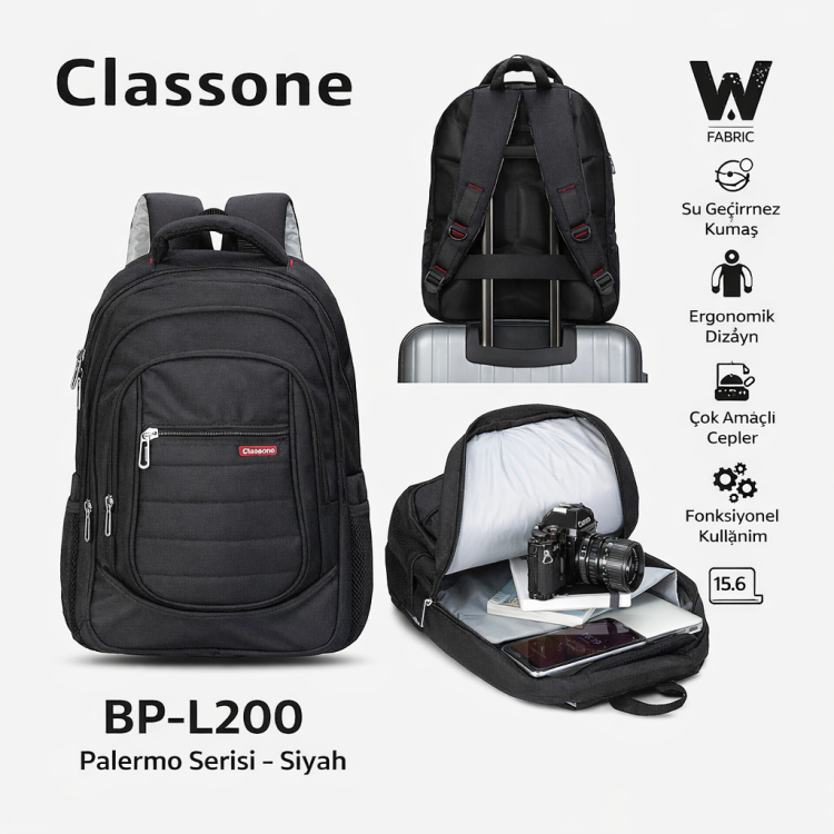 Classone BP-L200 Palermo Serisi WTXpro Su Geçirmez Kumaş 15,6 inch Sırt Çantası - Siyah