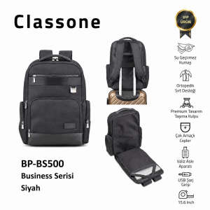 Classone BP-BS500 Business VIP B5 -Serisi 15.6 inch Uyumlu WTX Pro Su Geçirmez Kumaş Laptop Sırt Çantası -Siyah