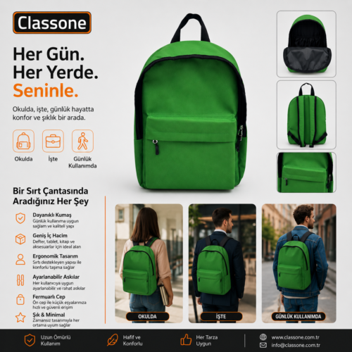 Classone SB307 15.6 inch Uyumlu Notebook, Laptop Sırt Çantası - Yeşil Classone SB307 15.6 inch Uyumlu Notebook, Laptop Sırt Çantası - Yeşil