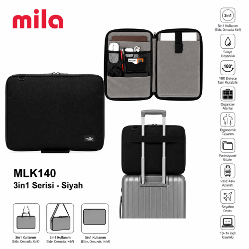 Mila 3in1 Serisi MLK140 13,14 inch Uyumlu Tablet, Laptop El ve Omuz Çantası - Siyah