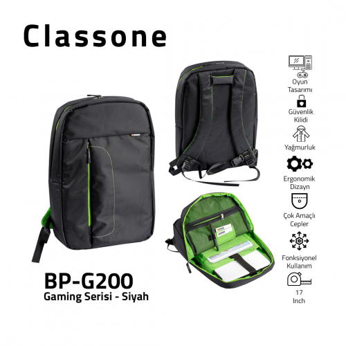 Classone BP-G200 Gaming XL Notebook Sırt Çantası 17" - Siyah