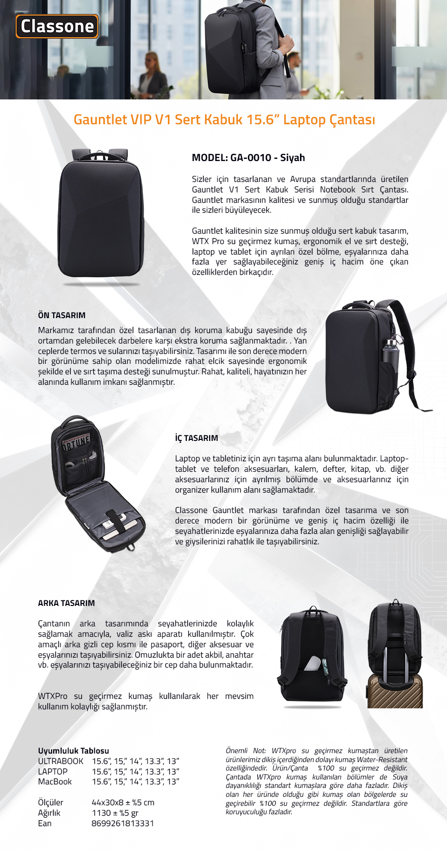 Classone GA-0010 Gauntlet V1 Hard Shell Series 15.6 inch WTX Pro Waterproof Fabric Laptop Bag - Black
