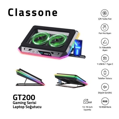 Classone Gaming GT200 Laptop Soğutucu Notebook Stand,3000 RPM, 10 RGB ışık kontrolü , 15.6 -17 inch , Hız kontrolü , 2 Büyük fan ,Telefon standı, 1 TYPE C Usb, 1 Usb