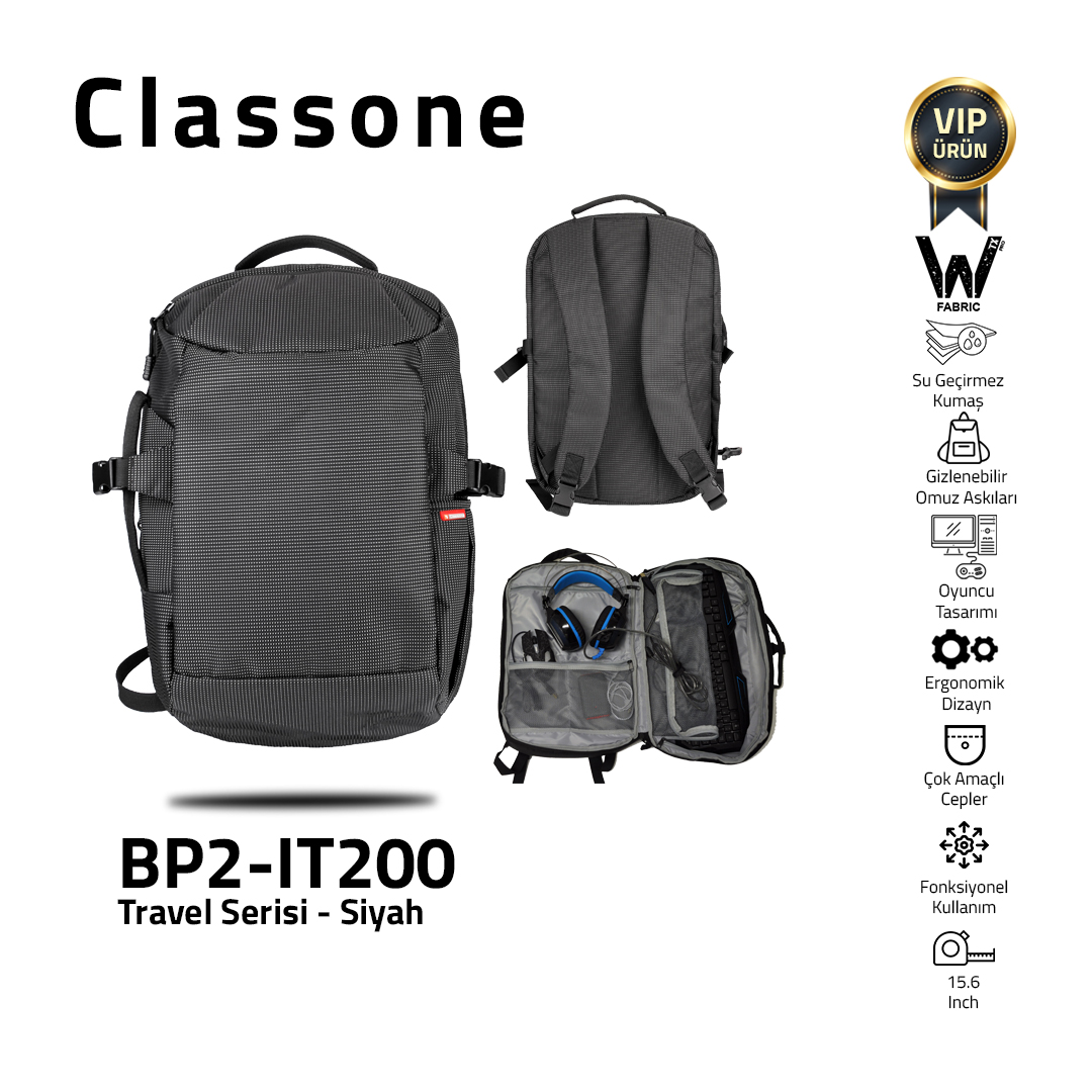 Classone BP2-IT200 Travel Serisi WTXpro Su Geçirmez Kumaş Seyahat ve Gaming Sırt Çantası 15 inch-Siyah