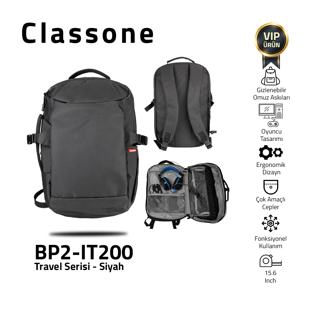 Classone BP2-IT200 Travel Serisi Seyahat ve Gaming Sırt Çantası 15 inch-Siyah