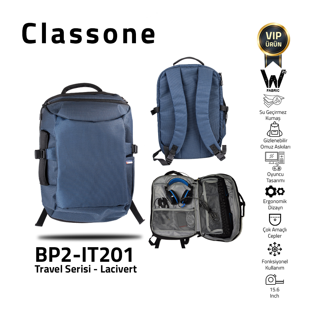 Classone BP2-IT201 Travel Serisi WTXpro Su Geçirmez Kumaş Seyahat ve Gaming Sırt Çantası 15 inch-Lacivert