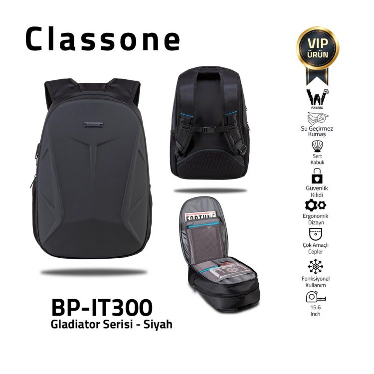 Classone BP-IT300 Gladiator Serisi Sırt Çantası WTXpro Su Geçirmez Kumaş 15.6" Uyumlu - Siyah