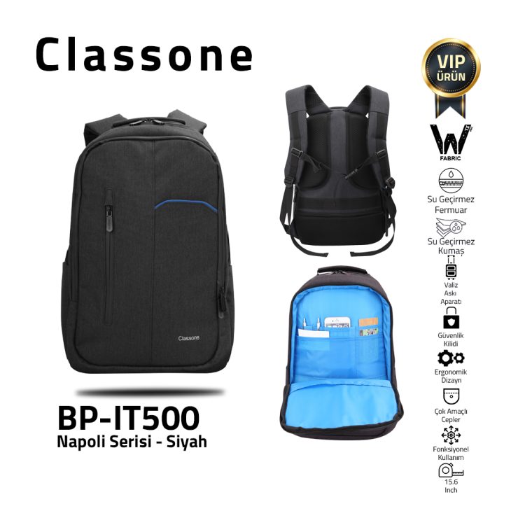 Classone Napoli Series BP-IT500 WTXpro Waterproof Fabric 15.6" Compatible Laptop Bag-Black
