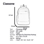 Classone BP-L400 Floransa Large Serisi, WTXpro Su Geçirmez Kumaş, Su Geçirmez Fermuar, 15.6 inch UyumluNotebook Sırt Çantası - Siyah