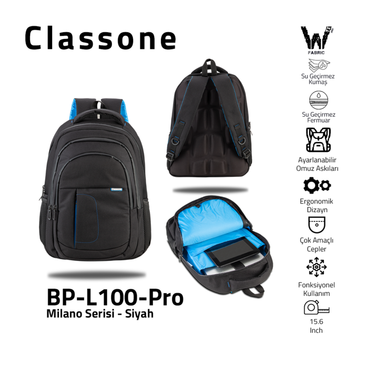 Classone Milano Serisi BP-L100-Pro 15.6 inch WTXpro Su Geçirmez Kumaş ve Fermuarlı Sırt Çantası - Siyah
