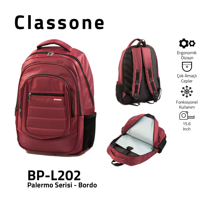 Classone BP-L202 Palermo Serisi 15,6 inch Sırt Çantası - Bordo